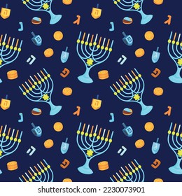 Colorful repetitive pattern background for the Jewish festival of Hanukkah, made of simple vector illustrations.