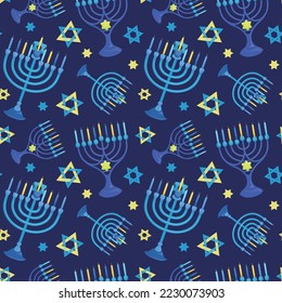 Colorful repetitive pattern background for the Jewish festival of Hanukkah, made of simple vector illustrations.