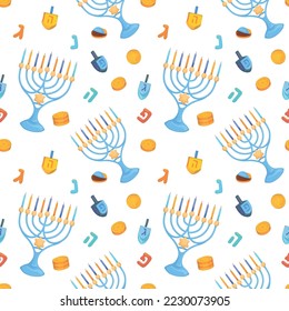 Colorful repetitive pattern background for the Jewish festival of Hanukkah, made of simple vector illustrations.
