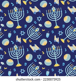 Colorful repetitive pattern background for the Jewish festival of Hanukkah, made of simple vector illustrations.