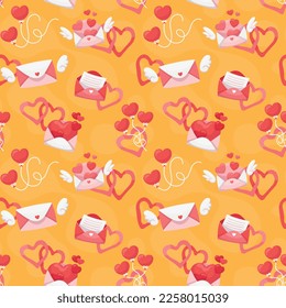 Colorful repetitive pattern background of love and relationship, Valentine's day related envelopes and letters, made of simple vector illustrations.