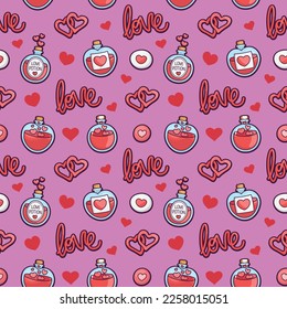 Colorido patrón repetitivo de fondo de amor y relación, pociones de amor relacionadas con el día de San Valentín, hechas de simples ilustraciones vectoriales.