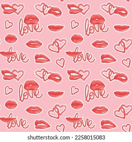 Colorful repetitive pattern background of love and relationship, Valentine's day related lips and kisses, made of simple vector illustrations.