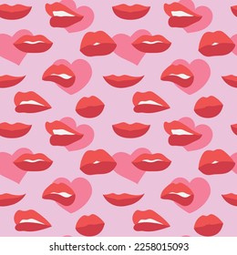 Colorido patrón repetitivo de fondo de amor y relación, labios y besos relacionados con el día de San Valentín, hechos de simples ilustraciones vectoriales.