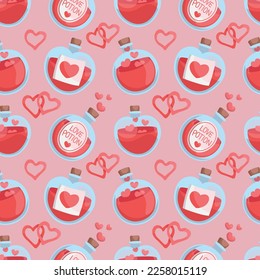 Colorful repetitive pattern background of love and relationship, Valentine's day related love potions, made of simple vector illustrations.