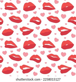 Colorful repetitive pattern background of love and relationship, Valentine's day related lips and kisses, made of simple vector illustrations.