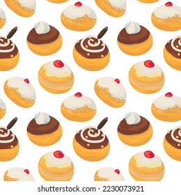 Colorful repetitive pattern background of Sufganiyot, Jelly doughnuts eaten on the Jewish festival of Hanukkah.