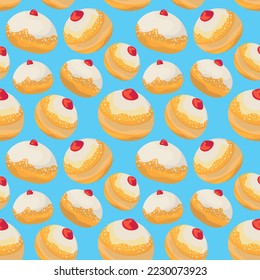 Colorful repetitive pattern background of Sufganiyot, Jelly doughnuts eaten on the Jewish festival of Hanukkah.