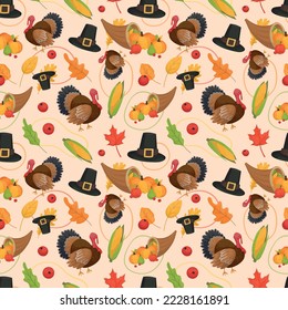 Colorful repetitive pattern background of Thanksgiving holiday celebration related things, made of simple vector illustrations.