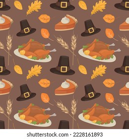 Colorful repetitive pattern background of Thanksgiving holiday celebration related things, made of simple vector illustrations.