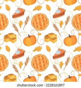 Colorful repetitive pattern background of Thanksgiving holiday celebration related things, made of simple vector illustrations.