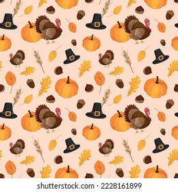 Colorful repetitive pattern background of Thanksgiving holiday celebration related things, made of simple vector illustrations.