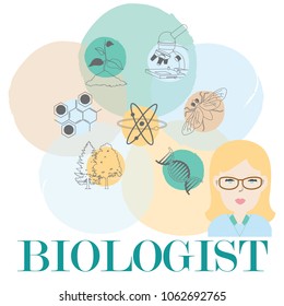 Colorful representation of biologist profession. Caucasian female biologist next to biology essential elements. Vector illustration.