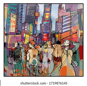 Colorful representation of Times square in New york City. - vector illustration (Ideal for printing on fabric or paper, poster or wallpaper, house decoration) 