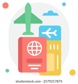 A colorful representation of travel essentials, featuring a passport, boarding pass, and airplane, ideal for travel-related content and applications.