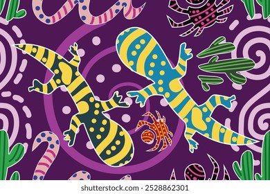 Reptiles coloridos y animales. Patrón de dibujos animados sin fisuras en colores vivos con lindas serpientes y hojas. Patrón de Vector en estilo de dibujos animados en colores brillantes. Impresión para niños y moda