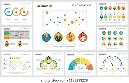 Colorful research or management concept infographic charts set. Business design elements for presentation slide templates. For corporate report, advertising, leaflet layout and poster design.