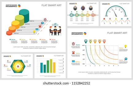 Colorful research or management concept infographic charts set. Business design elements for presentation slide templates. Can be used for financial report, workflow layout and brochure design.