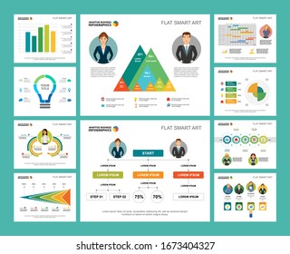 Colorful research or statistics concept infographic charts set. Business design elements for presentation slide templates. Can be used for financial report, workflow layout and brochure design.