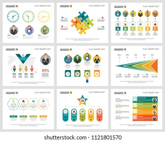 Colorful research or teamwork concept infographic charts set. Business design elements for presentation slide templates. For corporate report, advertising, leaflet layout and poster design.