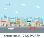 Colorful residential city landscape  vector illustration. 