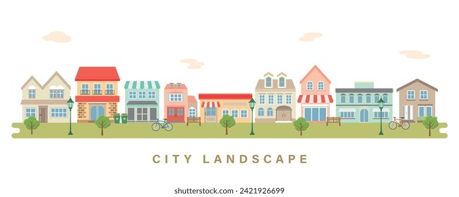 Colorful residential city landscape  vector illustration. 