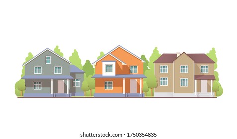 Colorful residential houses. Front view with roof. Vector illustration isolated on white background