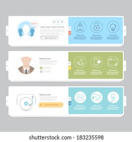 Colorful responsive flat navigation banners with objects and icons for personal portfolio website and mobile templates