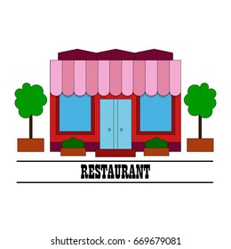 Colorful restaurant building surrounded with trees and bushes. Vector icon.