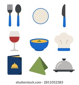 Colorful restaurant dining tableware and food service icon collection featuring fork spoon plate knife wine glass bowl chef hat service bell and napkin isolated on white background