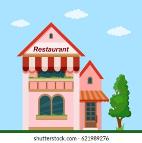 Colorful  restaurant front view on nature background, vector illustration