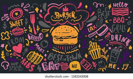 Colorful Restaurant Wall typography. Vector Food BBQ background, motivational cafe menu with lettering on chalkboard