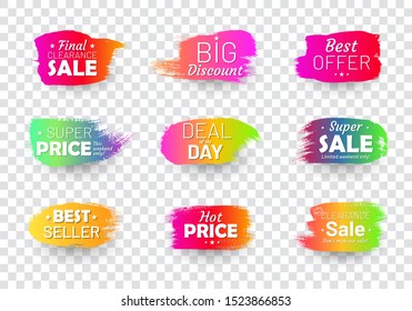 Colorful retail labels set in shape of paintbrush stroke. Big discount, super sale, best offer and other. Flat gradient design on trnasparent background. Commercial advertisement and promotion.