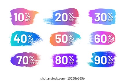 Colorful retail labels set in shape of paintbrush stroke. From 10 to 90 percent off stickers. Flat gradient design isolated on white background. Commercial advertisement and promotion campaign.