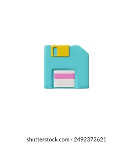 Buntes Retro-3D-Symbol einer Diskette in Pastellfarben. Vektorillustration mit blauem Gehäuse, gelbem Schieber und weißem Etikett mit rosa Streifen. Ideal für Technik und Nostalgie der 90er Jahre.