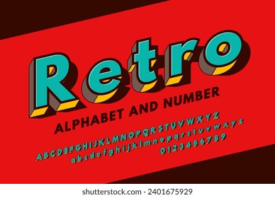 3D retro colorido sans serif alfabeto. Fuente retro de los años 90, 80 con letras y números. Ilustración vectorial.