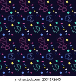 Colorful retro 90s seamless pattern with rings, stars and fun text Rainbow in vibrant neon colors on dark background. Vector hand drawn doodle illustration. Good for textile, fabric, wallpaper