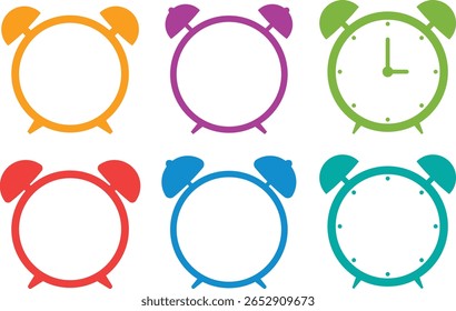 Colorful Retro Alarm Clock Outline Vector Set for Schedule or Reminder Icon – Flat Style, Editable Stroke for UI and Print Design