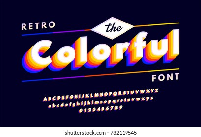 Colorful retro alphabets 80's, 90's with VHS look effects, font with multi-colored layers isolated on dark background. vector illustration