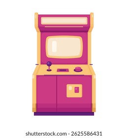 Colorful retro arcade machine vector illustration with joystick, button, and screen in a flat cartoon style. Ideal for game design, posters, or nostalgic media themes.