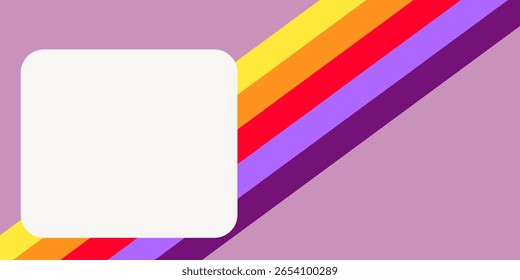 Colorful retro background with diagonal stripes in yellow, orange, red, and purple. A white square sits on the left, perfect for text or design elements. Frame vector with copy space.