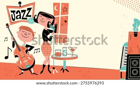 Colorful retro background featuring jazz performers, instruments, and cocktail elements, ideal for music and nightlife designs.