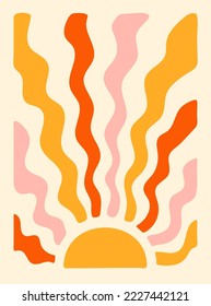 Colorful retro background. Hippie fun gift card template. Vintage 1970s wavy poster. 1960s nostalgic groovy vector illustration.