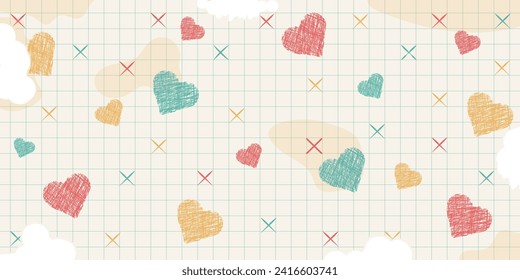 Colorful retro background - sheet of notebook with torn pieces of paper. Cross marks, multicolored (blue, red, yellow) hearts. Pencil hand drawn vector illustration for Valentines Day