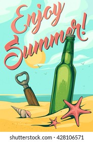 Colorful retro bar poster with a green bottle with beer and a beer opener in the sand with sea shell and red sea stars on the beach