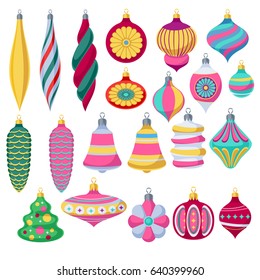 Colorful retro baubles set. Decorative vintage christmas tree balls. Holiday symbols. Vector illustration.