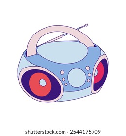 Ilustração boombox retro colorida com formas arredondadas e uma antena, capturando uma estética divertida e vintage. Ideal para projetos nostálgicos e temáticos de música.