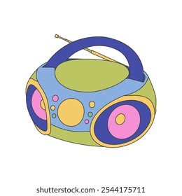 Ilustração boombox retro colorida com formas arredondadas e uma antena, capturando uma estética divertida e vintage. Ideal para projetos nostálgicos e temáticos de música.