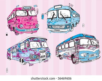 Colorful Retro Buses Vector Set (hand drawn)