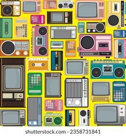 Colorful retro calculators, televisions, tape, cassette players and radio flat design vector illustration on yellow background.